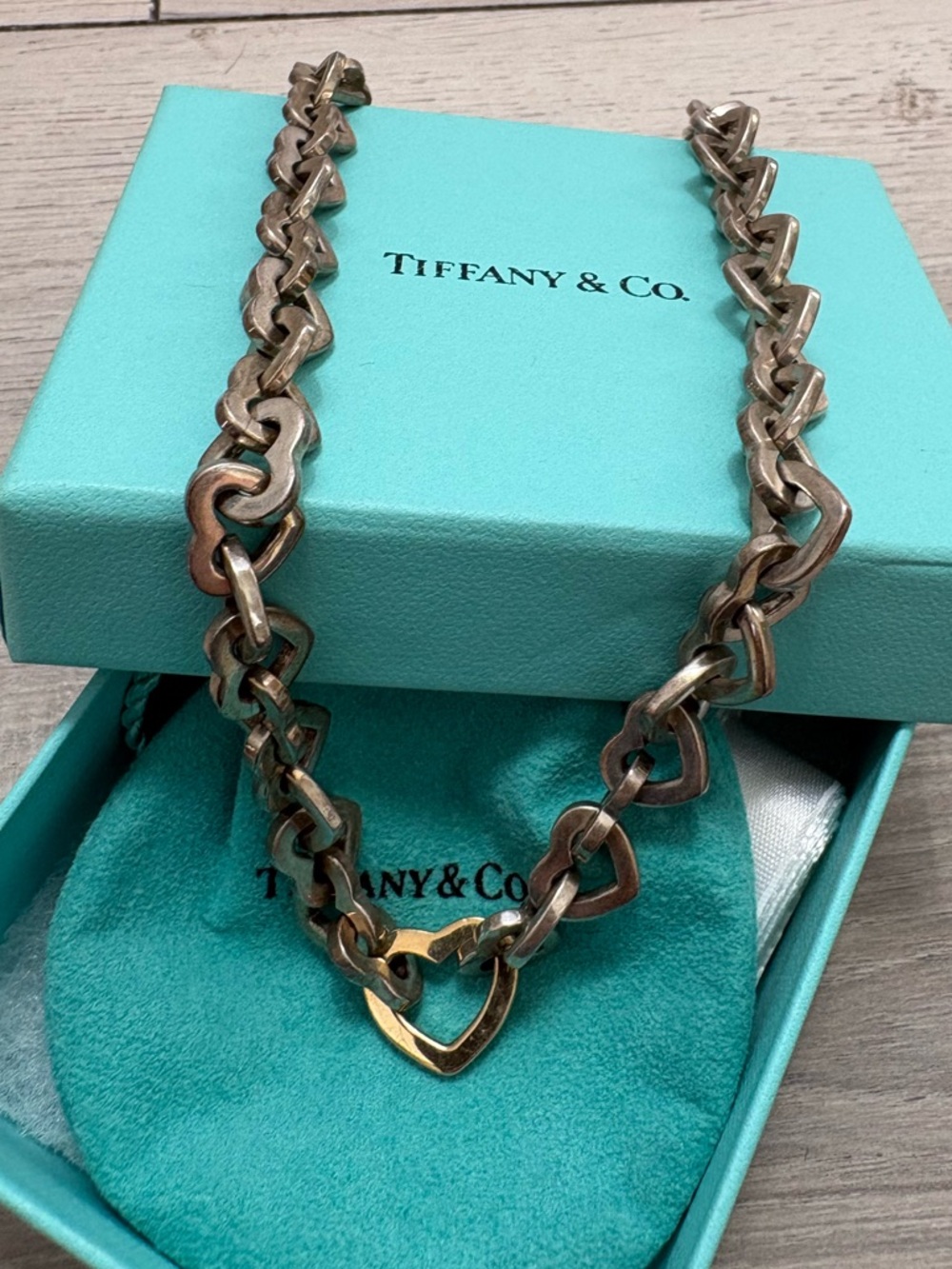 Tiffany & Co. Silver 18k Yellow Gold Heart Link Pendant 16" Necklace
